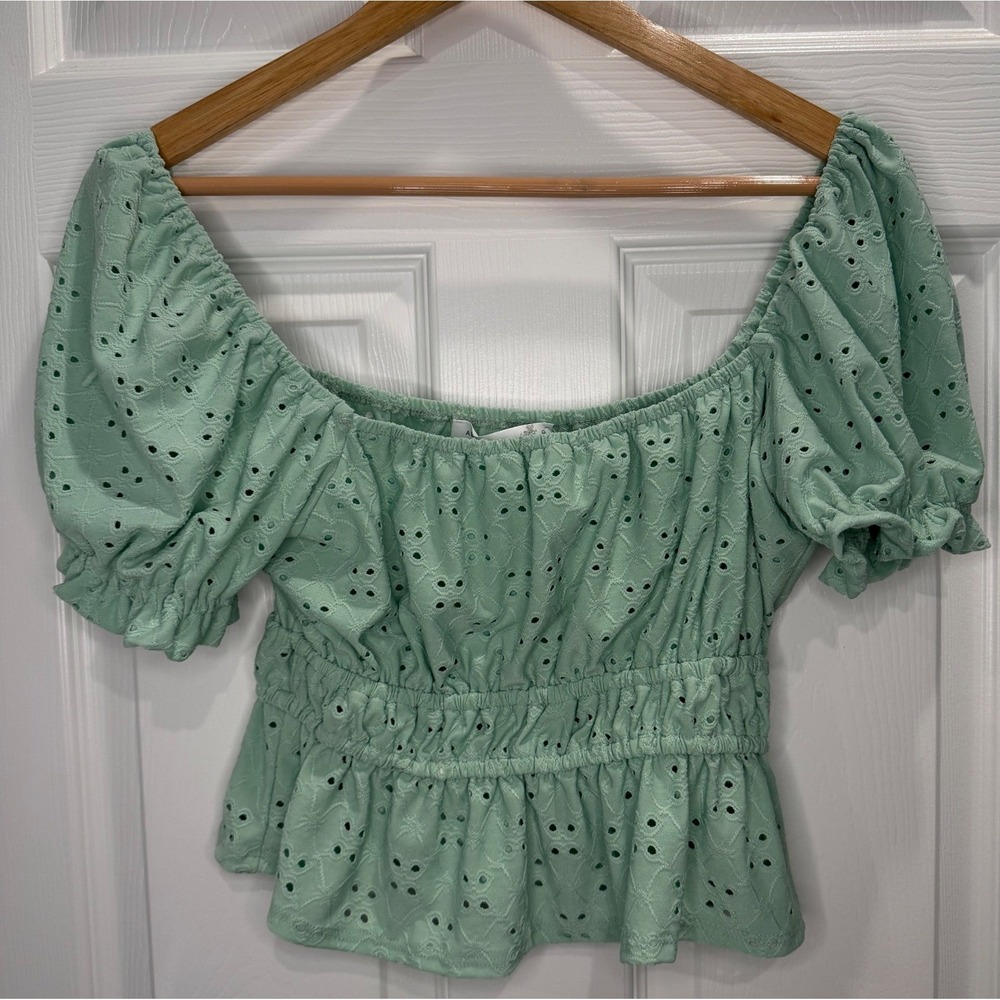 Altar'd State Mint Green Eyelet Crop Top Smocked Peplum‎ Puff Sleeve Boho M